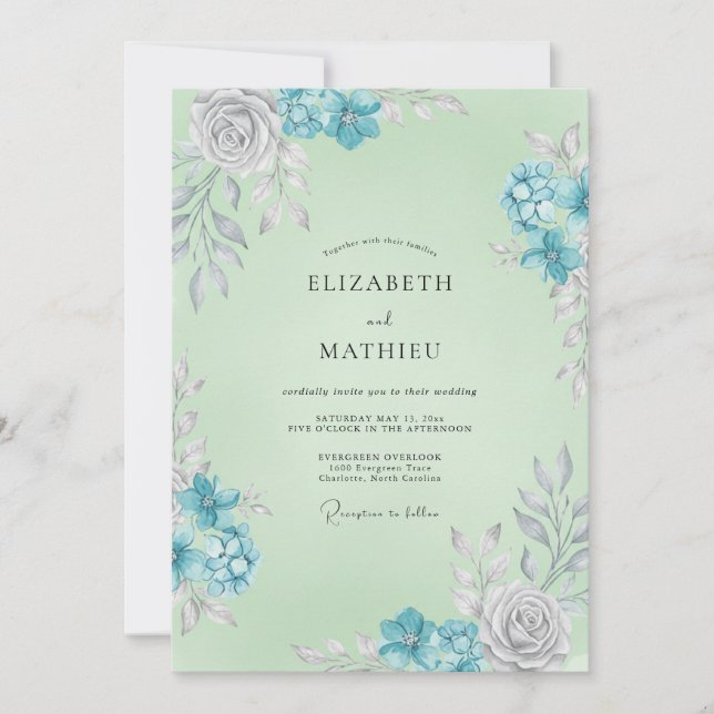 Convites Casamento Folhagem Azul Claro Menta (Frente)