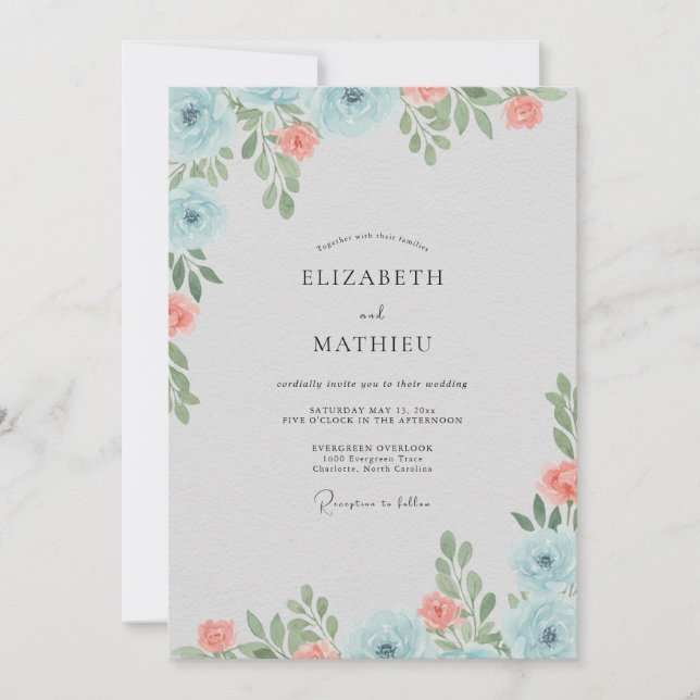 Convites Casamento Folhagem Azul Coral (Frente)