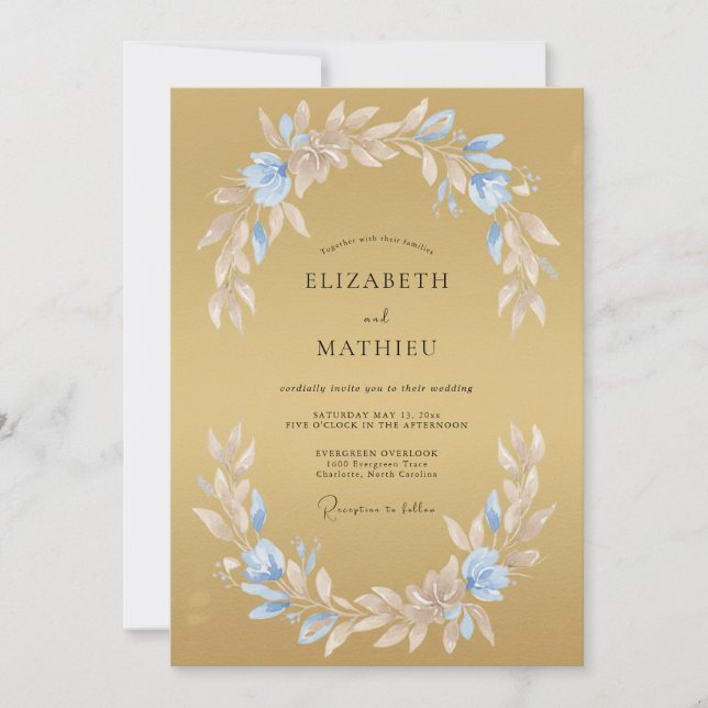 Convites Casamento Folhagem Azul Dourado (Frente)