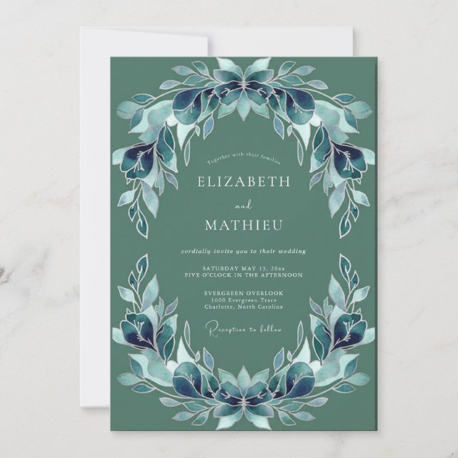 Convites Casamento Folhagem Azul-Verde (Frente)