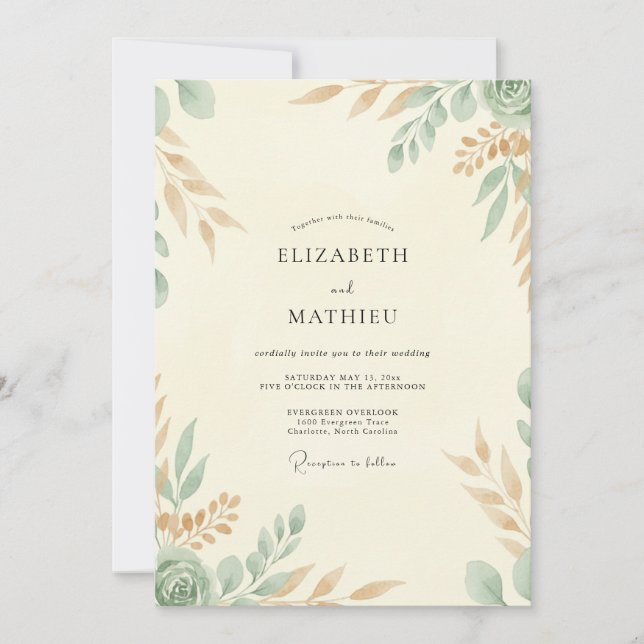 Convites Casamento Folhagem Celadon Creme (Frente)