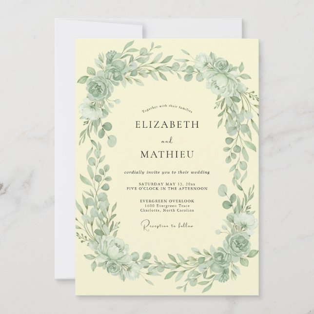 Convites Casamento Folhagem Celadon Manteiga (Frente)