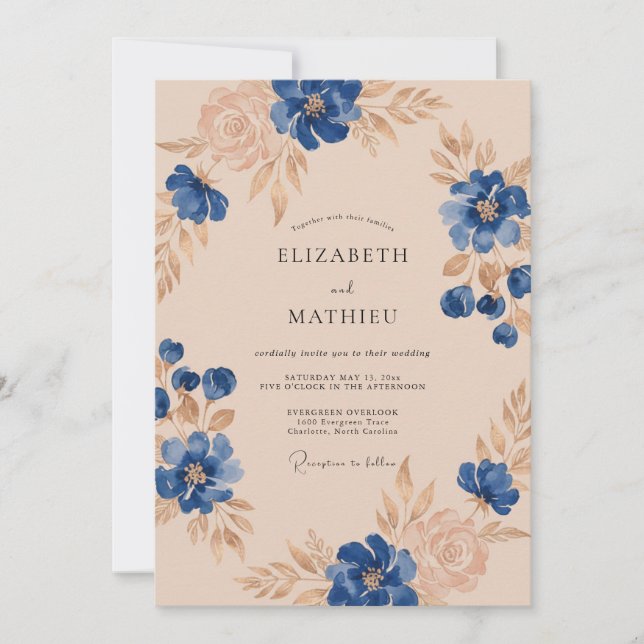 Convites Casamento Folhagem Champanhe Cobalto (Frente)