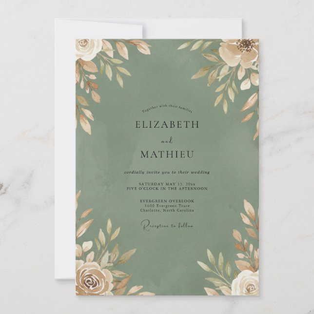Convites Casamento Folhagem Champanhe Musgo (Frente)