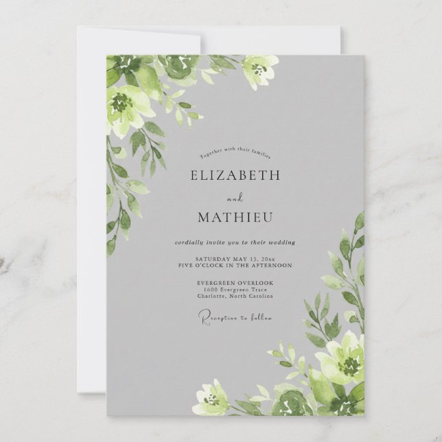 Convites Casamento Folhagem Chartreuse Prata (Frente)