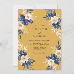 Convites Casamento Folhagem Cobalt Mostarda