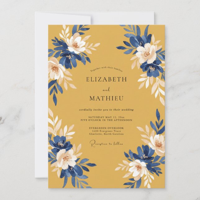 Convites Casamento Folhagem Cobalt Mostarda (Frente)
