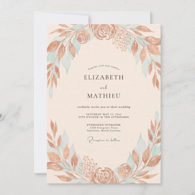 Convites Casamento Folhagem Cobre Aqua (Frente)