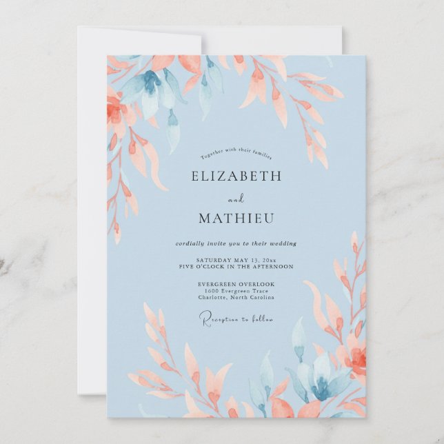 Convites Casamento Folhagem Coral Celeste (Frente)
