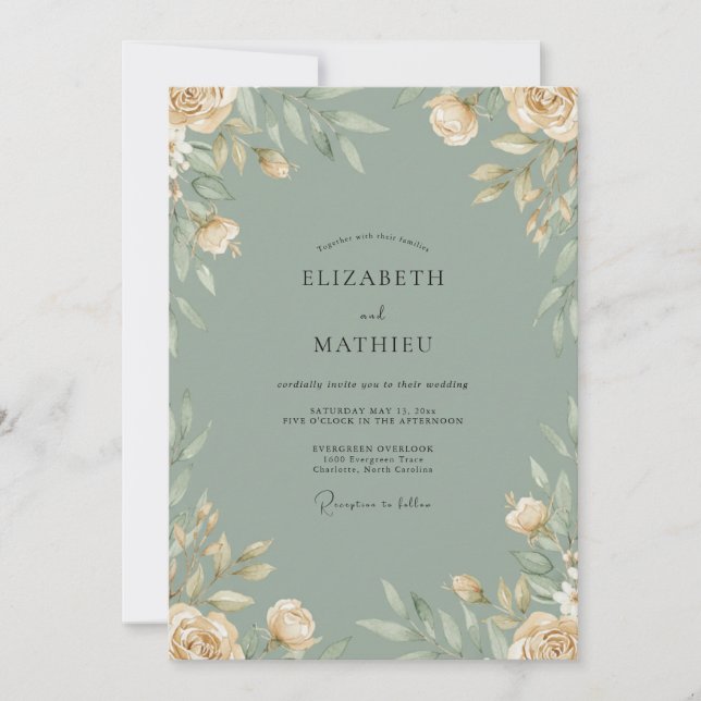 Convites Casamento Folhagem Creme Celadon (Frente)