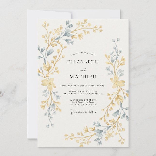 Convites Casamento Folhagem de Ardósia Dourada (Frente)
