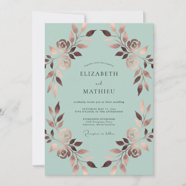 Convites Casamento Folhagem de Cobre Menta (Frente)