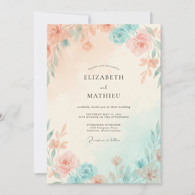 Convites Casamento Folhagem de Hortelã Pêssego (Frente)