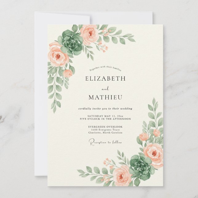 Convites Casamento Folhagem de Pêssego Creme (Frente)
