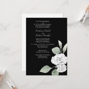 Convites Casamento Folhagem de Rosa Branca Elegante Preta