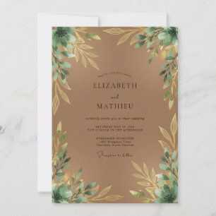 Convites Casamento Folhagem Dourada Bege