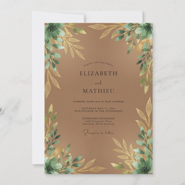 Convites Casamento Folhagem Dourada Bege (Frente)
