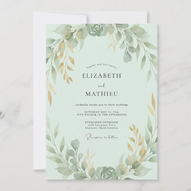 Convites Casamento Folhagem Dourada em Hortelã (Frente)