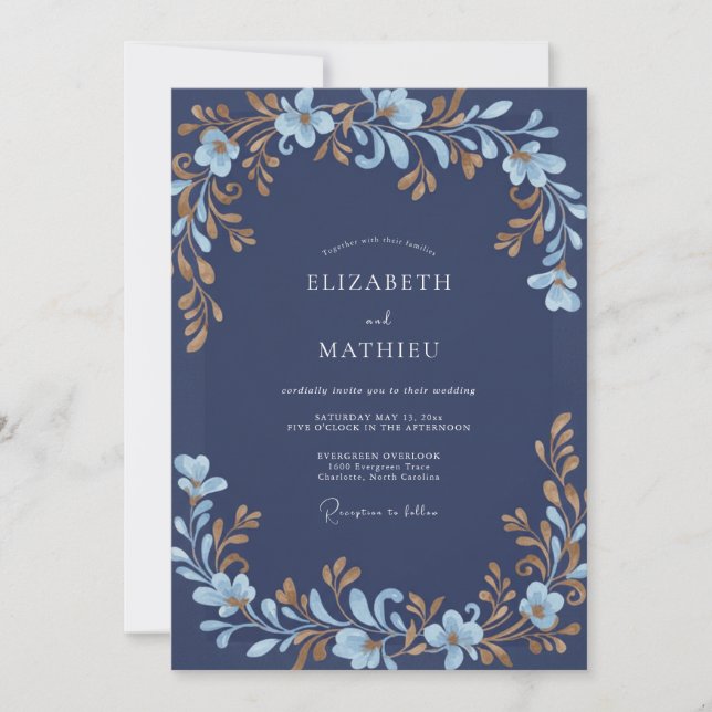 Convites Casamento Folhagem Dourada Índigo (Frente)