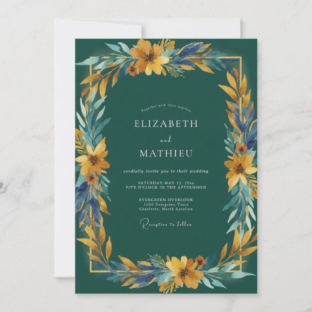Convites Casamento Folhagem Dourada Mostarda (Frente)