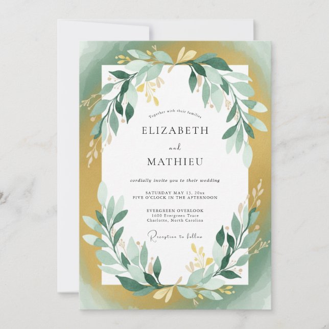 Convites Casamento Folhagem Dourado Turquesa (Frente)