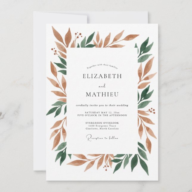Convites Casamento Folhagem Esmeralda Cobre (Frente)