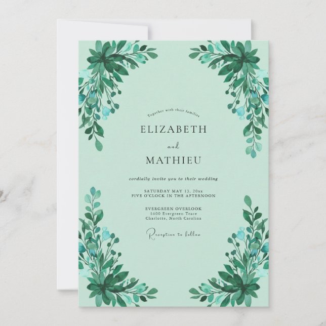 Convites Casamento Folhagem Esmeralda Menta (Frente)