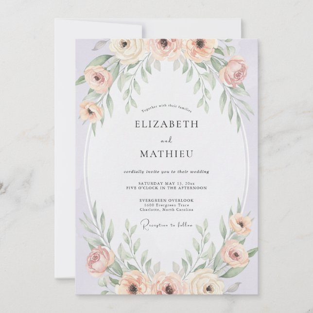 Convites Casamento Folhagem Flor de Blush (Frente)