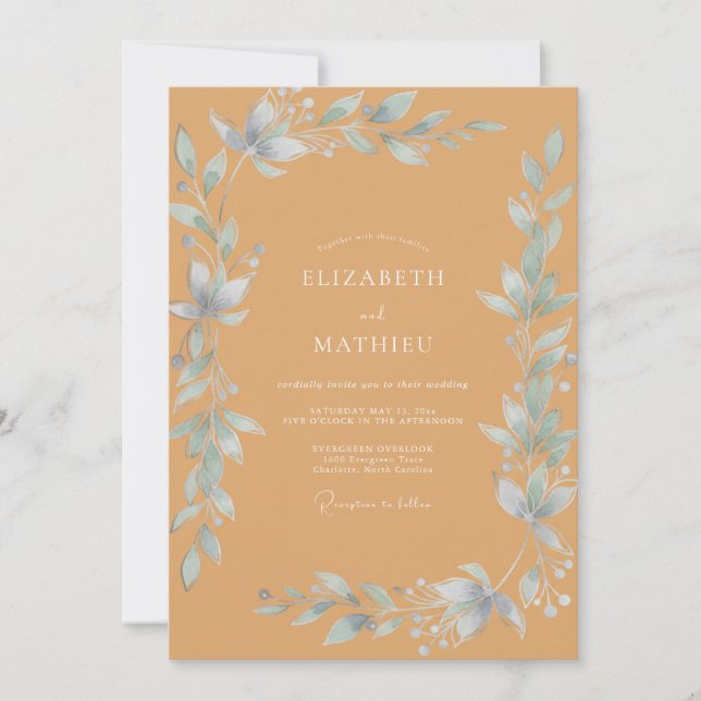 Convites Casamento Folhagem Gelo Âmbar (Frente)