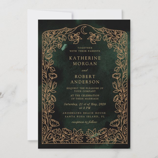 Convites Casamento Folhagem Lua Esmeralda Dourada Celestial (Frente)