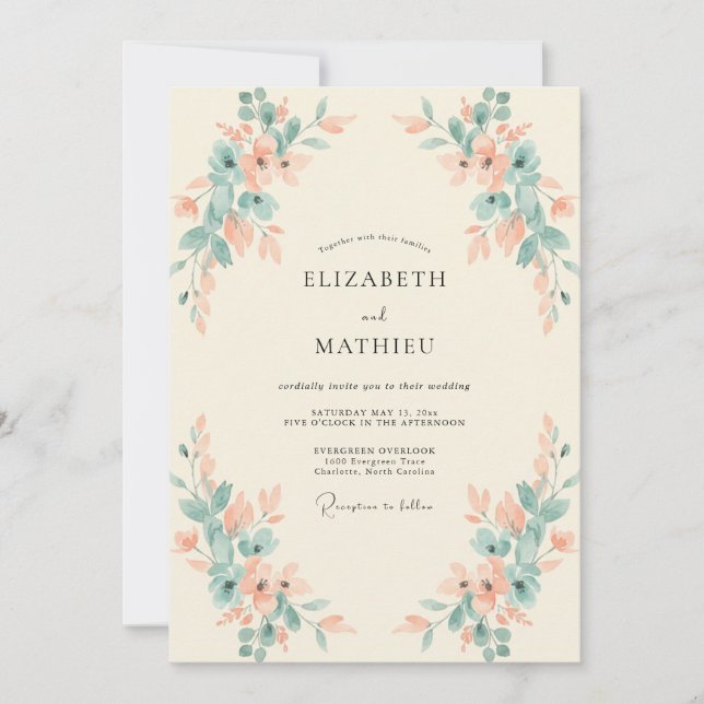 Convites Casamento Folhagem Maresia Damasco (Frente)