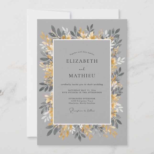 Convites Casamento Folhagem Mostarda Cinza (Frente)