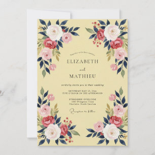 Convites Casamento Folhagem Naval Carmesim Amarelo Manteiga