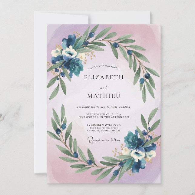 Convites Casamento Folhagem Oliva Índigo (Frente)