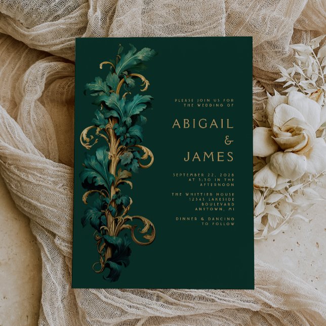 Convites Casamento Folhagem Ouro Verde Esmeralda Rococó Orn (An ideal choice for an emerald green and gold vintage themed wedding.)