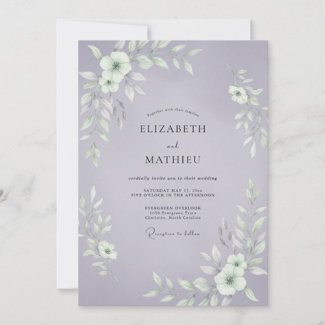 Convites Casamento Folhagem Periwinkle Cottagecore (Frente)