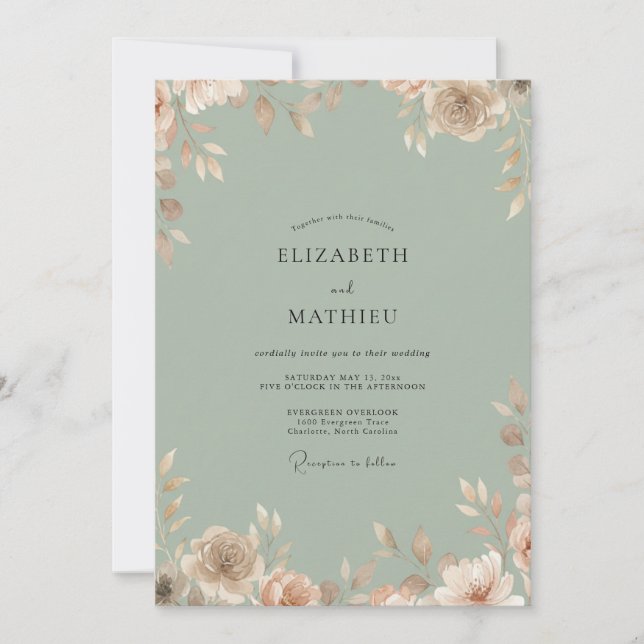 Convites Casamento Folhagem Pêssego Celadon (Frente)