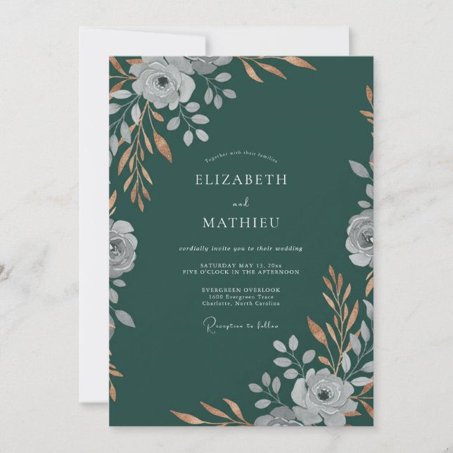 Convites Casamento Folhagem Petrol Profundo (Frente)