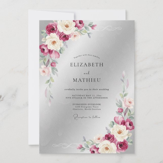 Convites Casamento Folhagem Prata Ameixa (Frente)