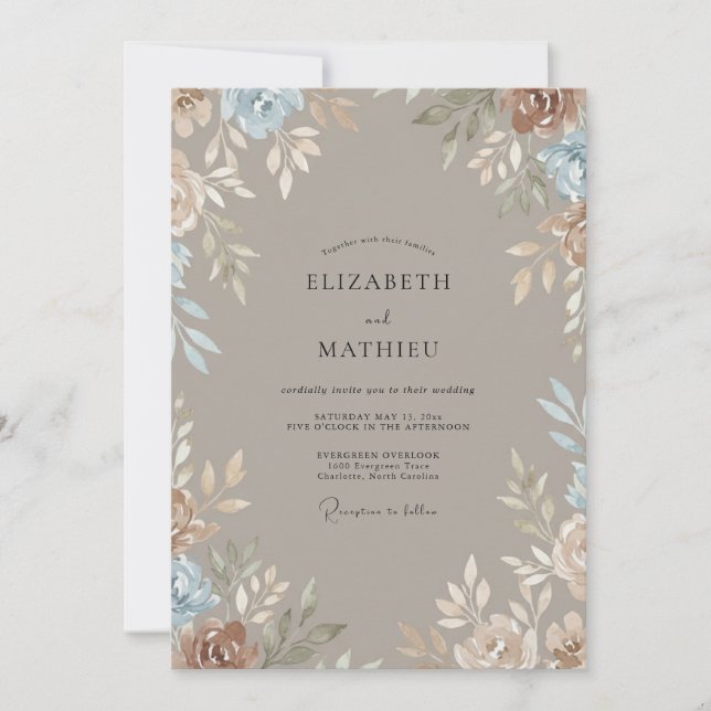 Convites Casamento Folhagem Prateada Pérola Taupe (Frente)