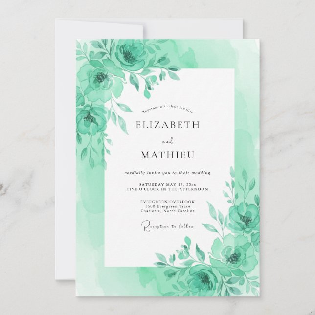 Convites Casamento Folhagem Serena Verde Menta (Frente)