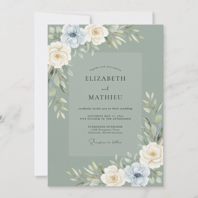 Convites Casamento Folhagem Serena Verde Salvia (Frente)