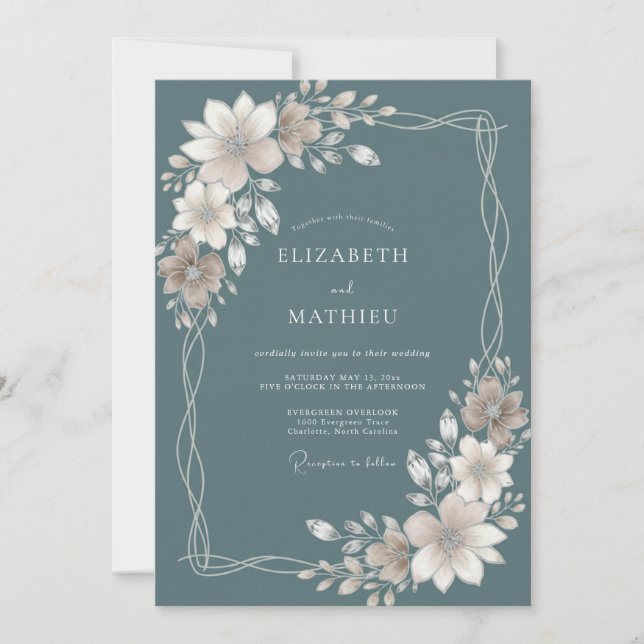 Convites Casamento Folhagem Taupe Aço (Frente)