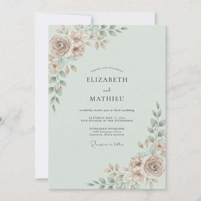 Convites Casamento Folhagem Taupe Espuma do Mar (Frente)