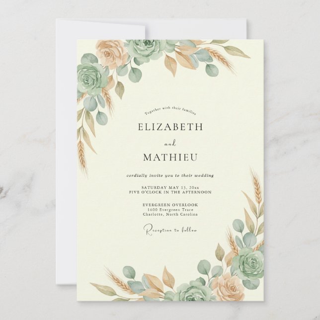 Convites Casamento Folhagem Teal Cobre (Frente)