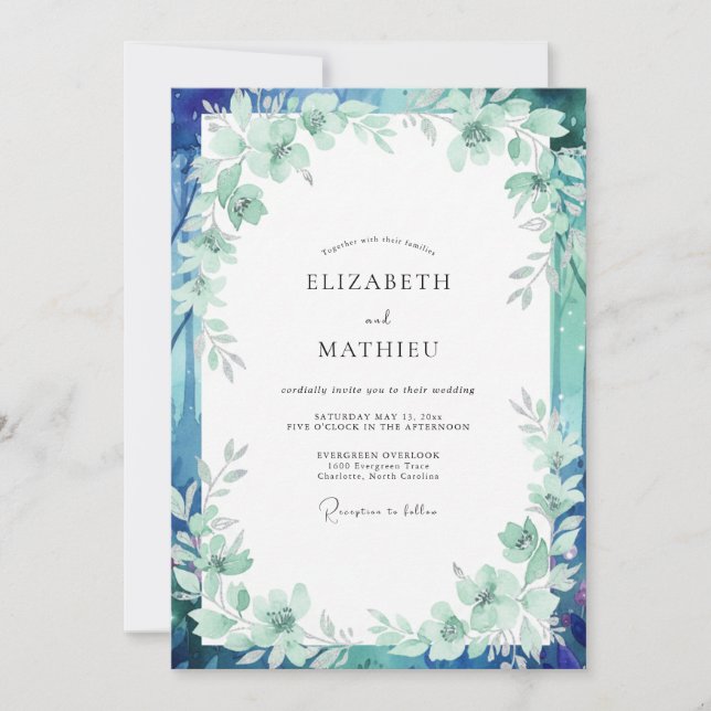 Convites Casamento Folhagem Teal Espuma do Mar (Frente)
