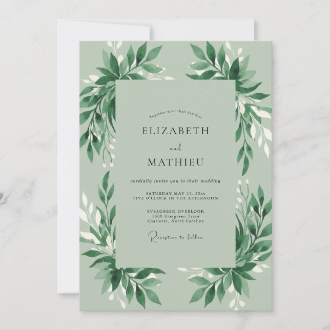 Convites Casamento Folhagem Verde Musgo (Frente)