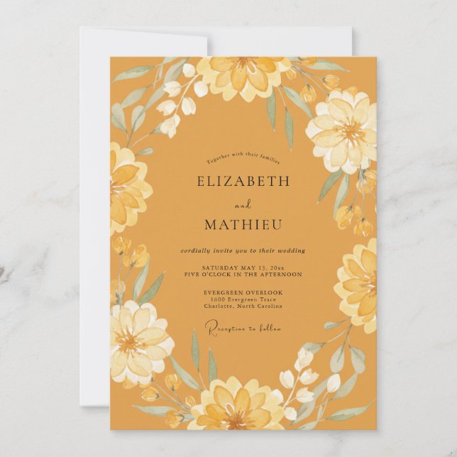 Convites Casamento Folhagem Zinnia Mostarda (Frente)