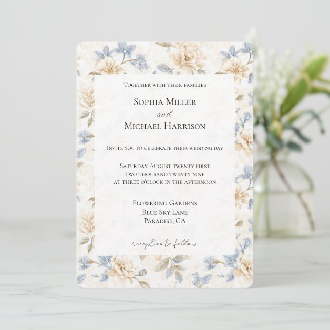 Convites Casamento Folhas Azuis Florais Creme Romântico (Em pé/Frente)