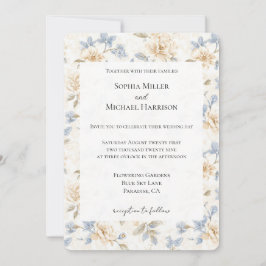 Convites Casamento Folhas Azuis Florais Creme Romântico